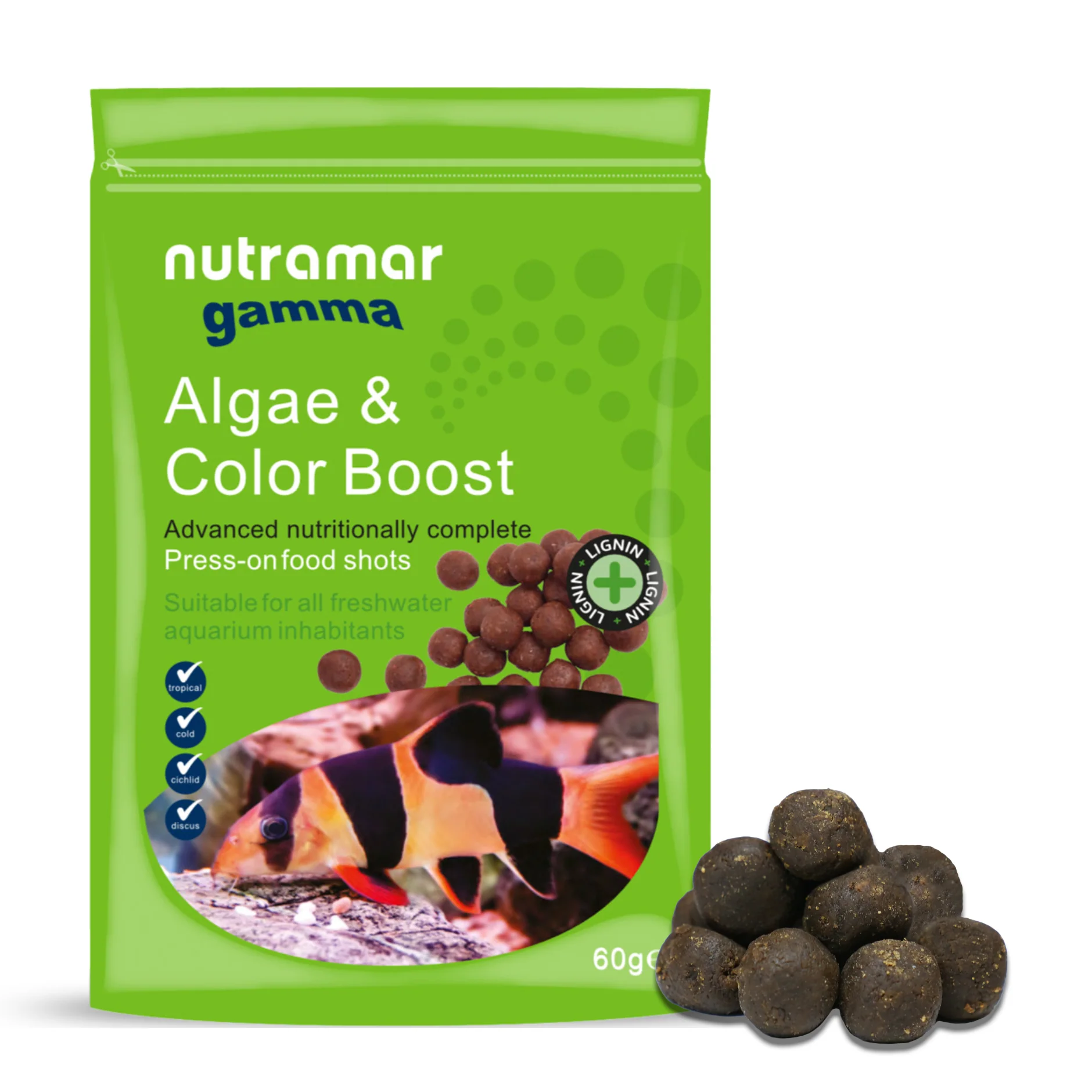 Nutramar Freshwater Algae & Color Boost Shots - Premium Food for Herbivorous Freshwater Fish 12mm / 60g - Nestor' Aquariums & Pets